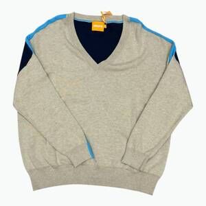 NEW WISPR women's summer stripe up v neck sweater in khaki/neon blue stripe